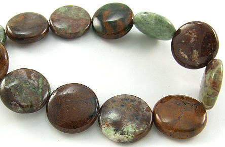 Design 5932: Green, Brown green opalite coin beads