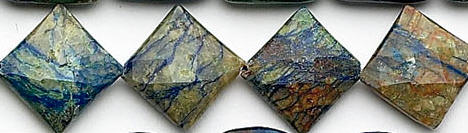 Design 6930: blue, green, brown azurite malachite faceted, square beads