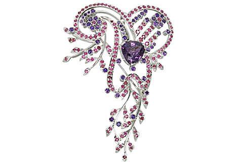 Design 11076: pink,purple amethyst estate, flower, leaf-vine, pendant brooches