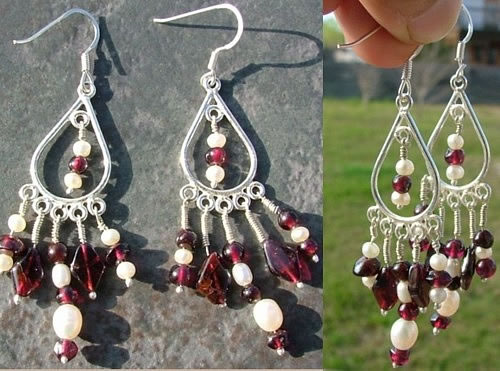 Design 1559: red,white pearl chandelier earrings