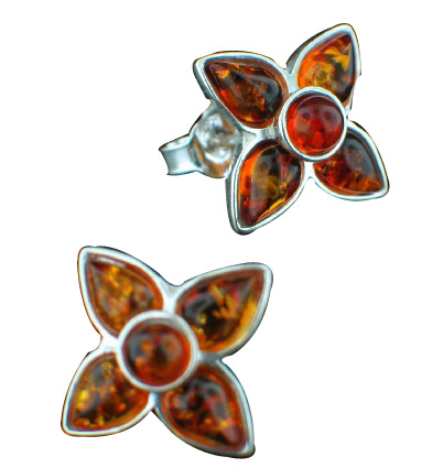 Design 7141: orange amber flower, post, stud earrings