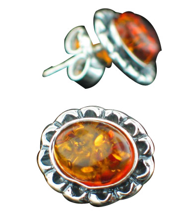 Design 7153: orange amber flower, post, stud earrings