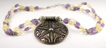 Design 1310: purple,yellow amethyst staff-picks necklaces