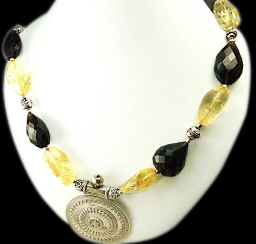 Design 1406: gray,yellow citrine medallion necklaces
