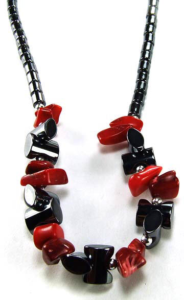 Design 5323: red,black,gray hematite necklaces