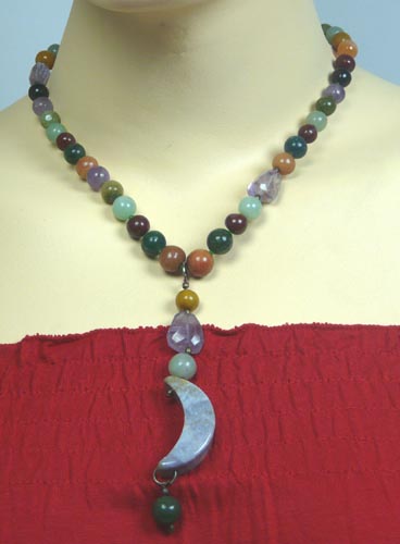 Design 7398: Green, Purple, Rust, Maroon moonstone necklaces