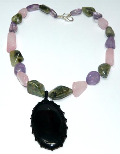Design 7441: Pink, Purple, Green rose quartz necklaces