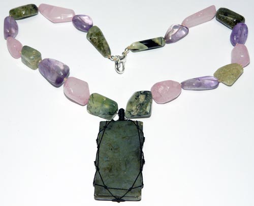 Design 7442: Pink, Green, Purple rose quartz necklaces
