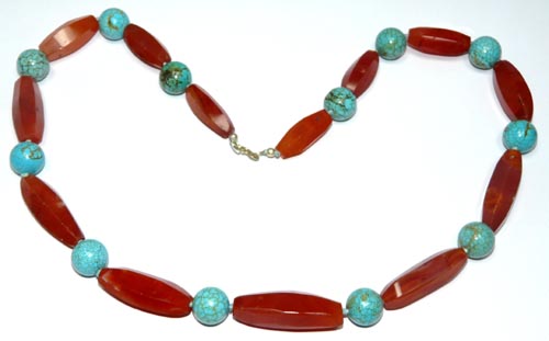 Design 7492: blue,green,orange carnelian ethnic, tumbled necklaces