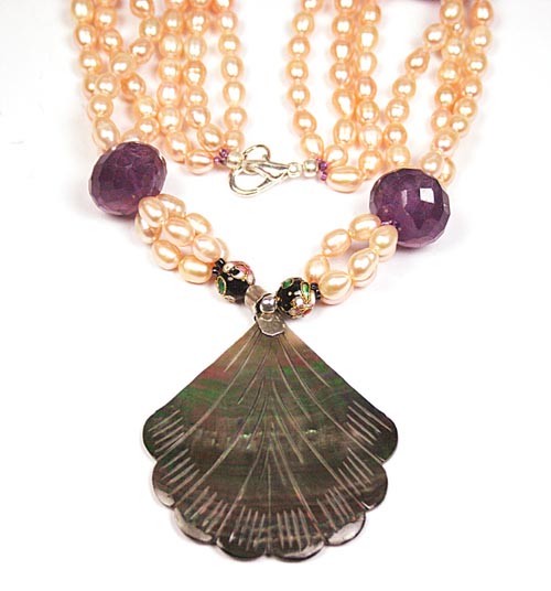 Design 7791: Peach pearl multistrand necklaces