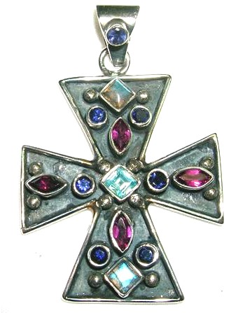 Design 1643: multi-color multi-stone christian, cross, gothic-medieval, religious pendants