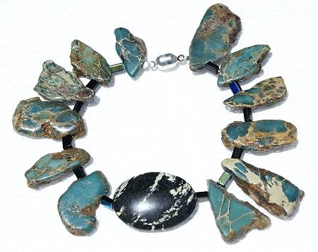 Design 11175: black,blue,multi-color jasper chipped, chunky, ethnic, tribal bracelets