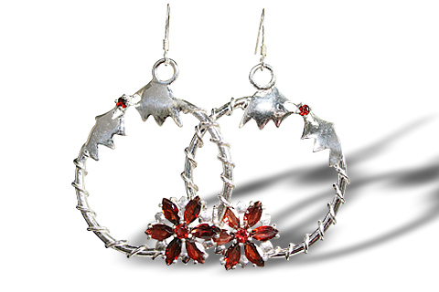 Design 10372: red garnet flower, hoop earrings