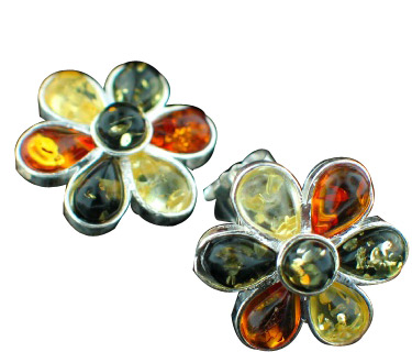 Design 12474: green,orange,yellow amber flower earrings