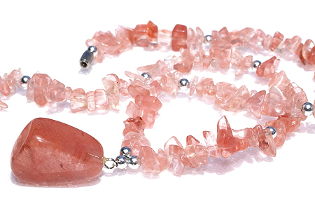 Design 11245: pink quartz chipped, drop necklaces