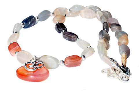 Design 9749: White, Peach, Gray moonstone ohm, religious, tumbled necklaces
